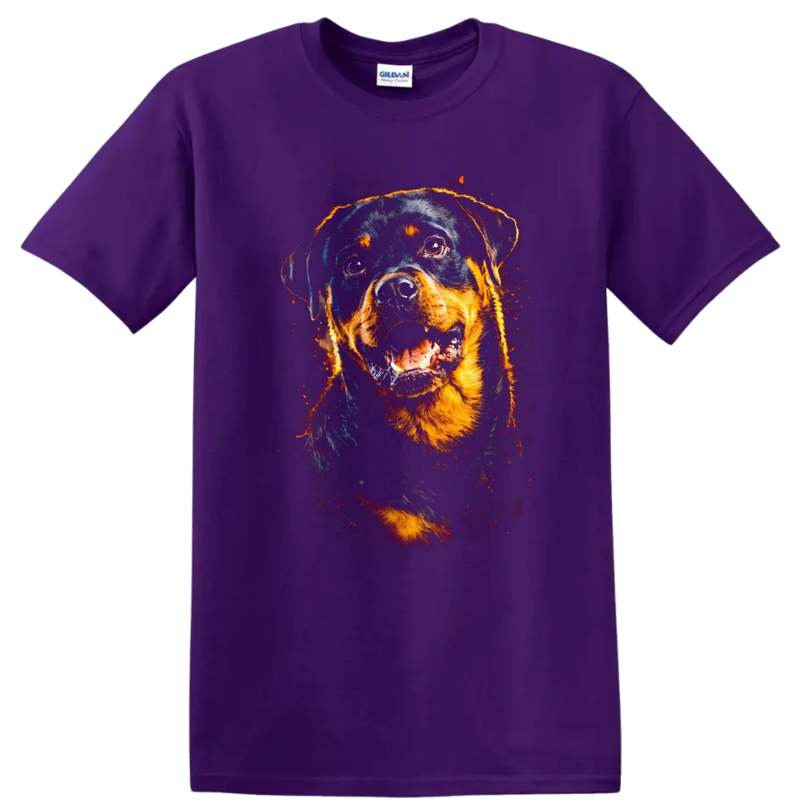 Rottweiler Dog Portrait T Shirt Fierce Fire Glow Pet Lover Graphic on a Purple T Shirt