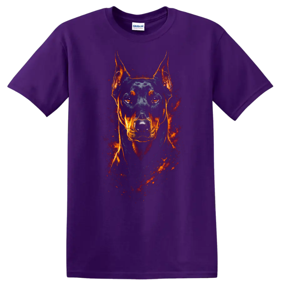 Doberman Pinscher Fire Portrait T Shirt Fierce Dog Lover Graphic on a Purple T Shirt