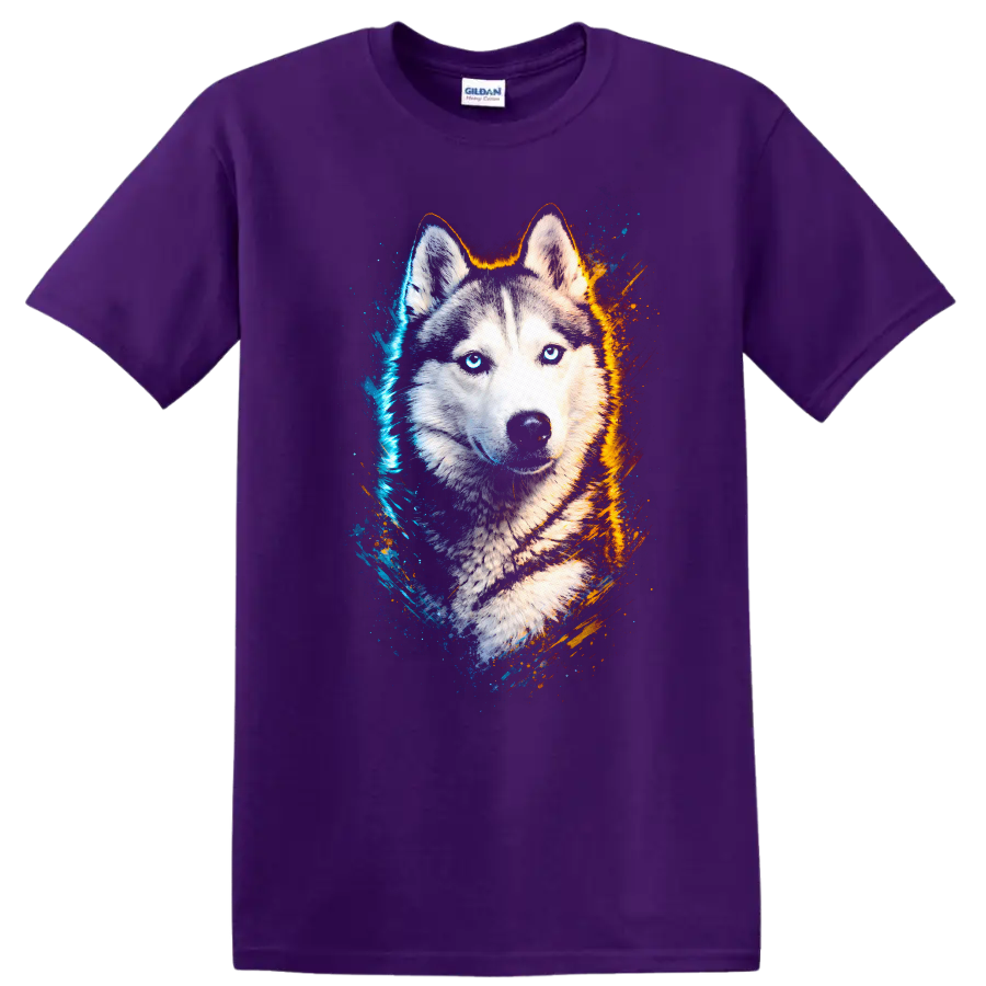 Blue Eyed Husky Portrait T Shirt Vibrant Splash Art Dog Lover Gift on a Purple T Shirt