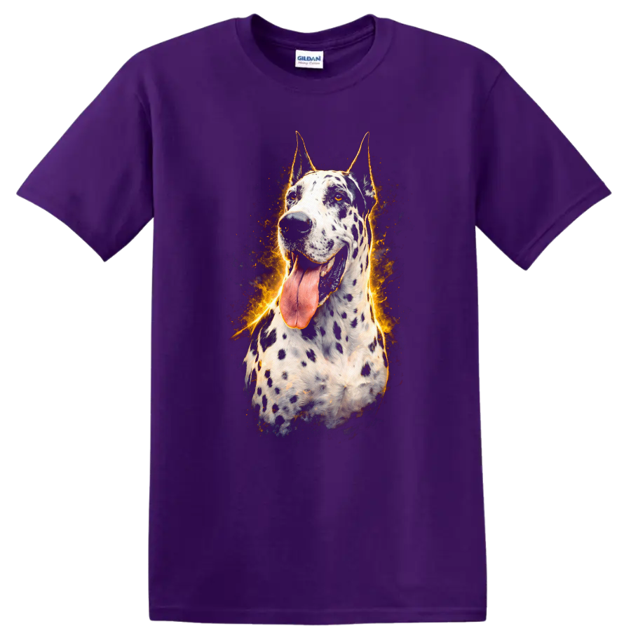 Flaming Dalmatian Dog Portrait Fire Burst T Shirt for Dog Lovers on a Purple T Shirt