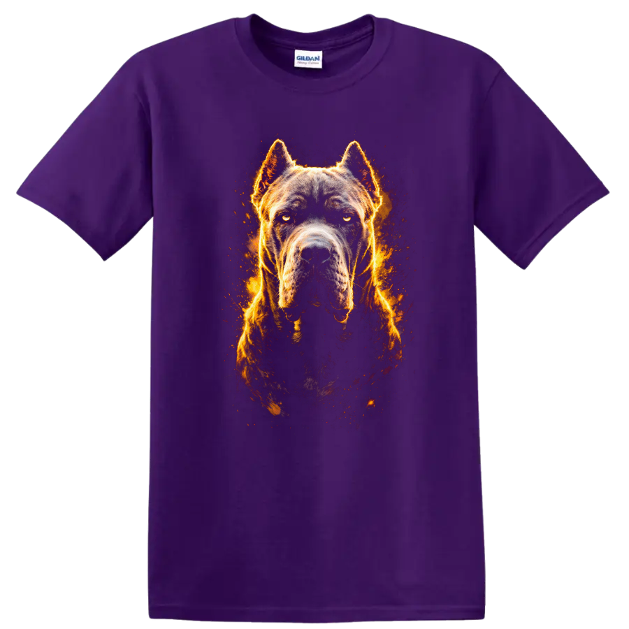 Aggressive Pitbull Dog Fire Glow Graphic T Shirt on a Purple T Shirt