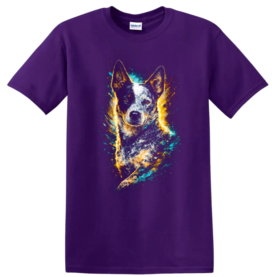 Blue Heeler Dog Portrait Watercolor Splash T Shirt for Dog Lovers on a Purple T Shirt