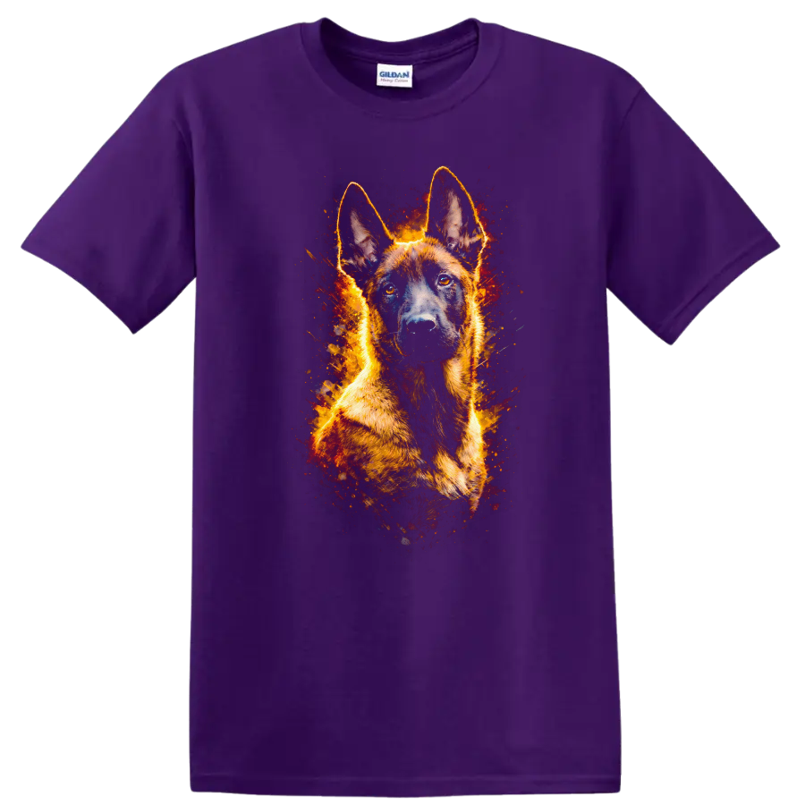 German Shepherd Fire Glow T Shirt for Dog Lovers and Owners on a Purple T Shirt