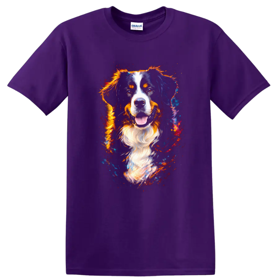 Colorful Bernese Mountain Dog Portrait T Shirt for Dog Lovers on a Purple T Shirt