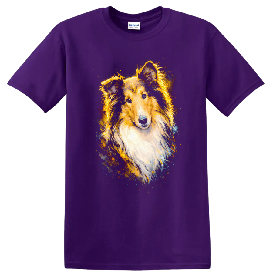 Shetland Sheepdog Color Splash Portrait T Shirt for Dog Lovers on a Purple T Shirt