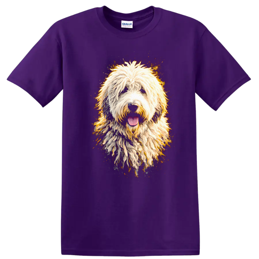 Colorful Shaggy Dog Portrait T Shirt for Dog Lovers and Pet Fans on a Purple T Shirt
