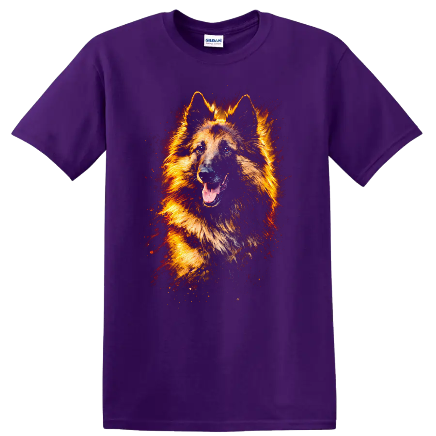 German Shepherd Dog Art T Shirt Fiery Color Splash Pet Lover Tee on a Purple T Shirt