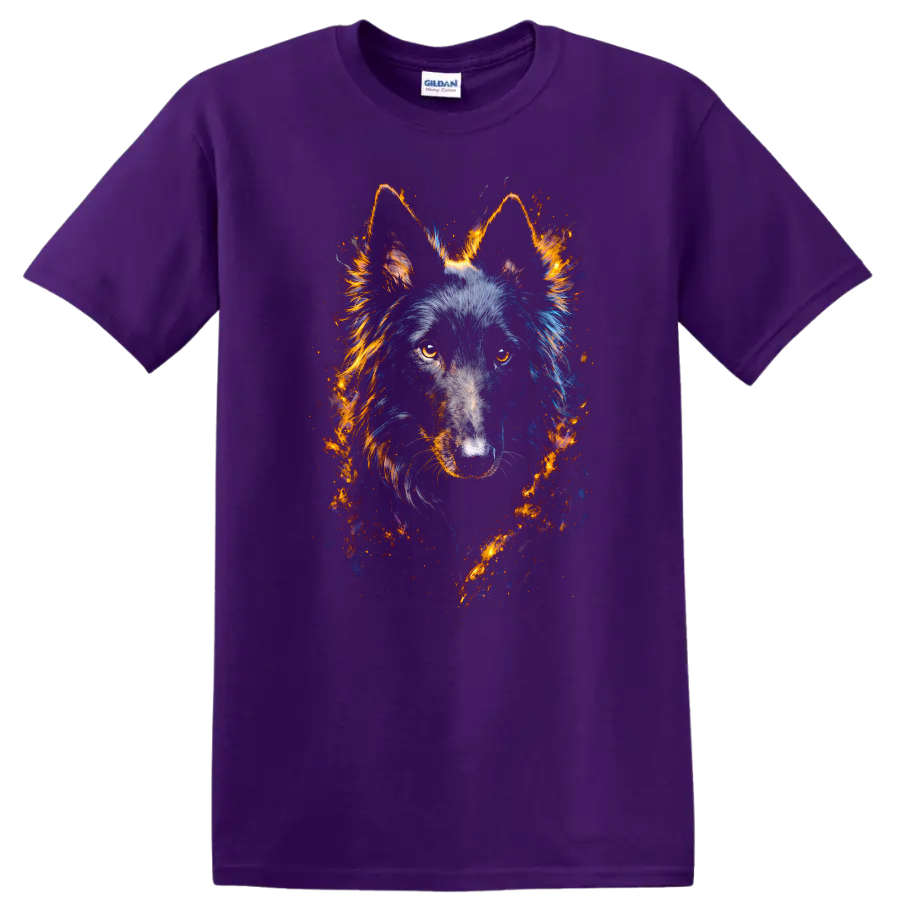 Fiery Wolf Portrait Neon Style Dog Lover T Shirt on a Purple T Shirt