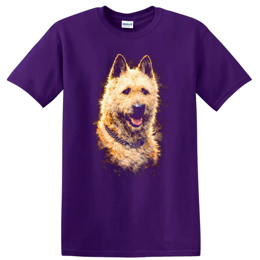 Fluffy German Shepherd Portrait T Shirt Dog Lover Graphic Tee on a Purple T Shirt