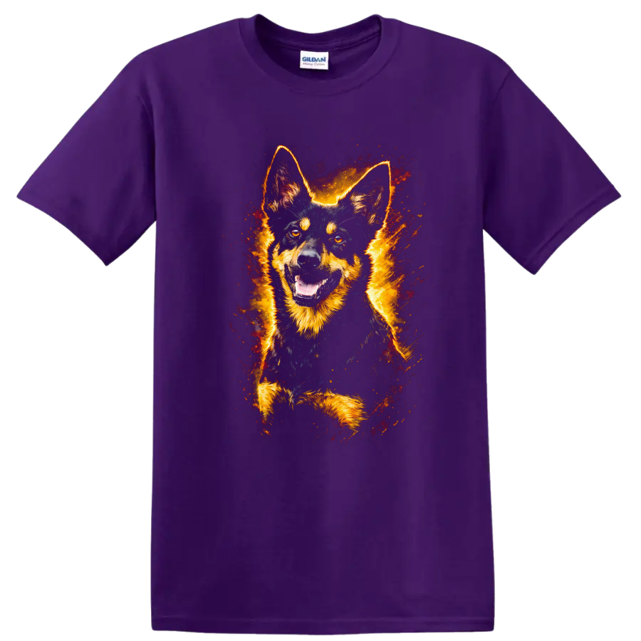 German Shepherd Fire Burst Portrait T Shirt for Dog Lovers on a Purple T Shirt