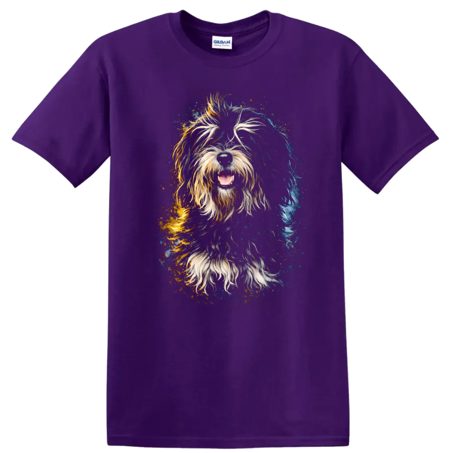 Colorful Shaggy Dog Portrait T Shirt Vibrant Splash Art for Dog Lovers on a Purple T Shirt