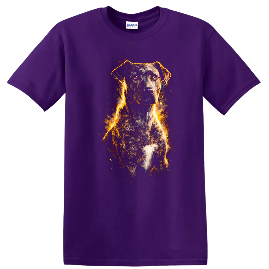 Fiery Dog Portrait T Shirt, Flame Outline Pet Lover Graphic Tee on a Purple T Shirt