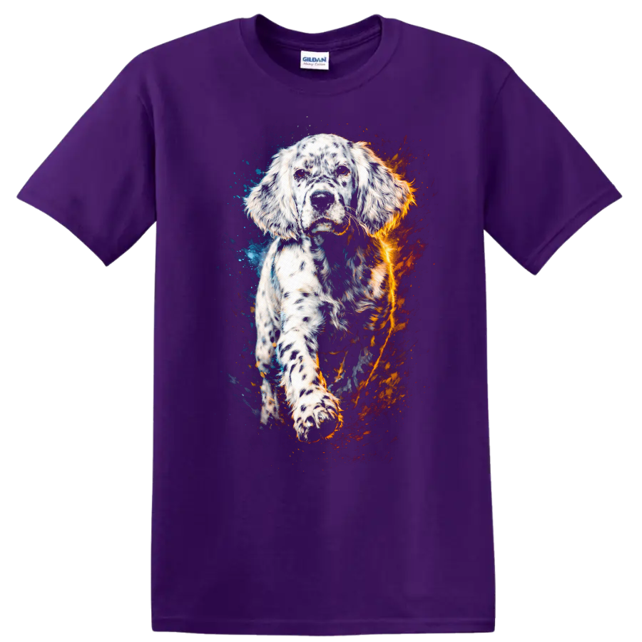 English Setter Watercolor Dog Portrait T Shirt Blue and Orange Splash - Purple