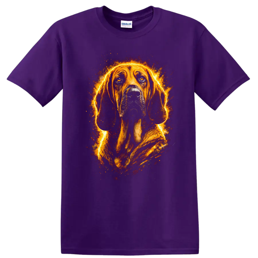 Basset Hound Glowing Fire Portrait T Shirt for Dog Lovers on a Purple T Shirt