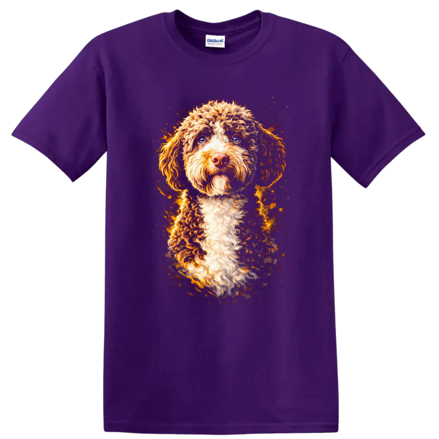 Curly Cockapoo Dog Portrait T Shirt Colorful Artistic Pet Lover Tee on a Purple T Shirt