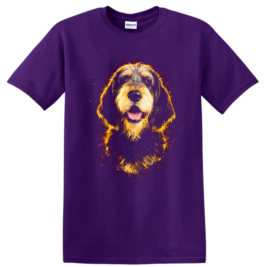 Golden Doodle Dog Portrait Fire Spark T Shirt on a Purple T Shirt