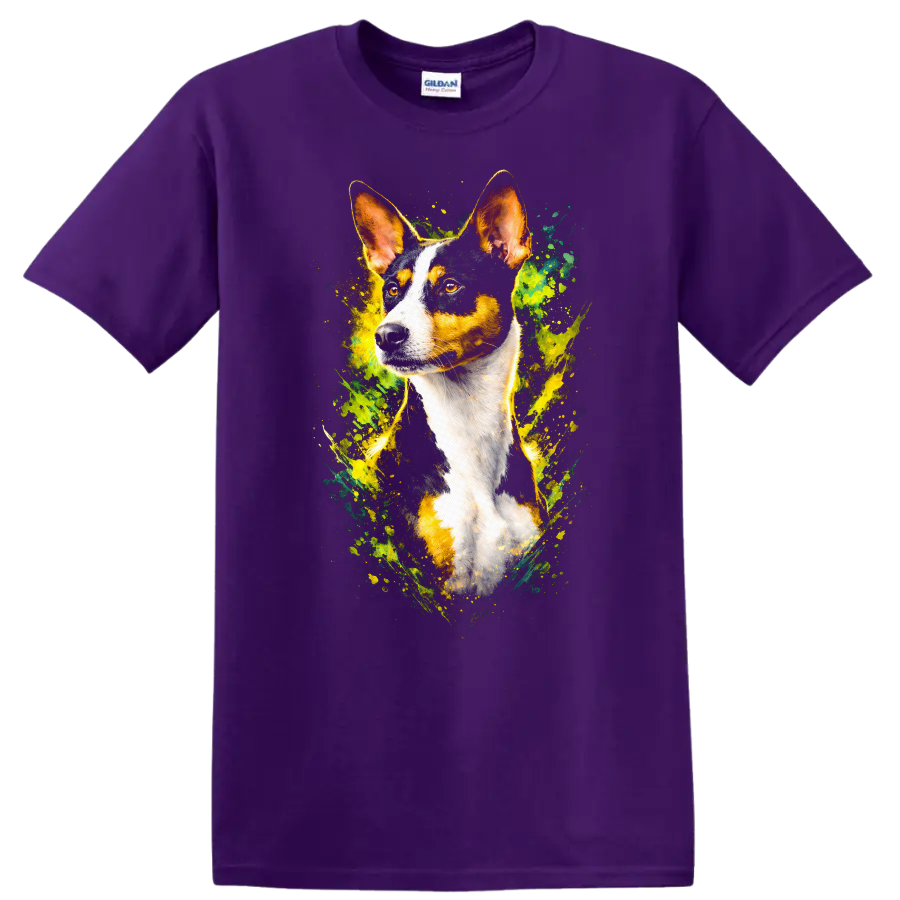 Colorful Basenji Dog Portrait Splash Art T Shirt for Dog Lovers on a Purple T Shirt
