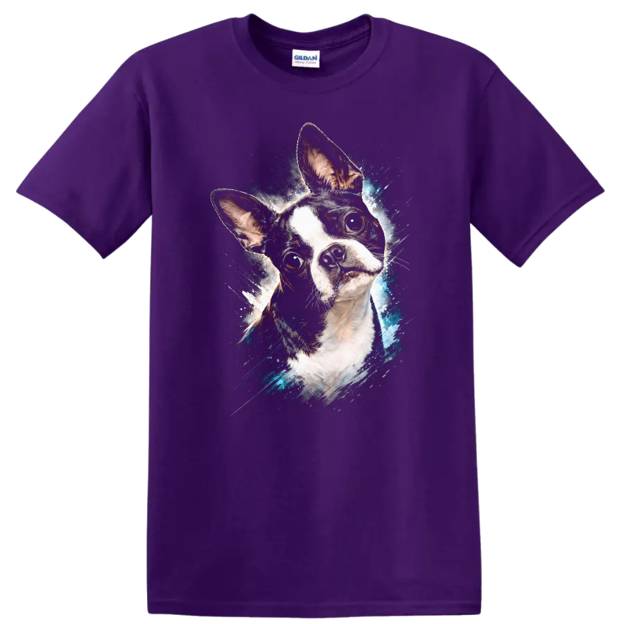 French Bulldog Splash Art T Shirt Colorful Dog Portrait Graphic on a Purple T Shirt