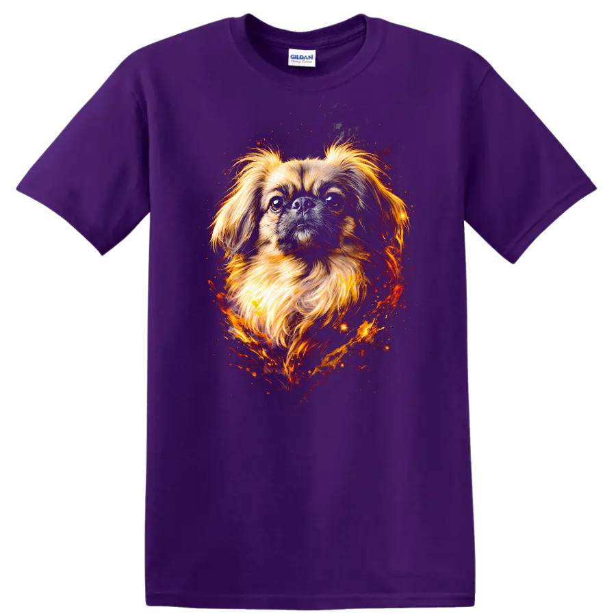 Fiery Pekingese Dog Portrait T Shirt Vibrant Watercolor Pet Lover on a Purple T Shirt