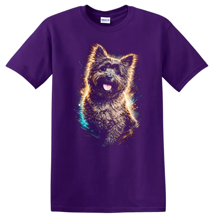 Fluffy Yorkie Dog Portrait Graphic T Shirt Colorful Neon Splash on a Purple T Shirt
