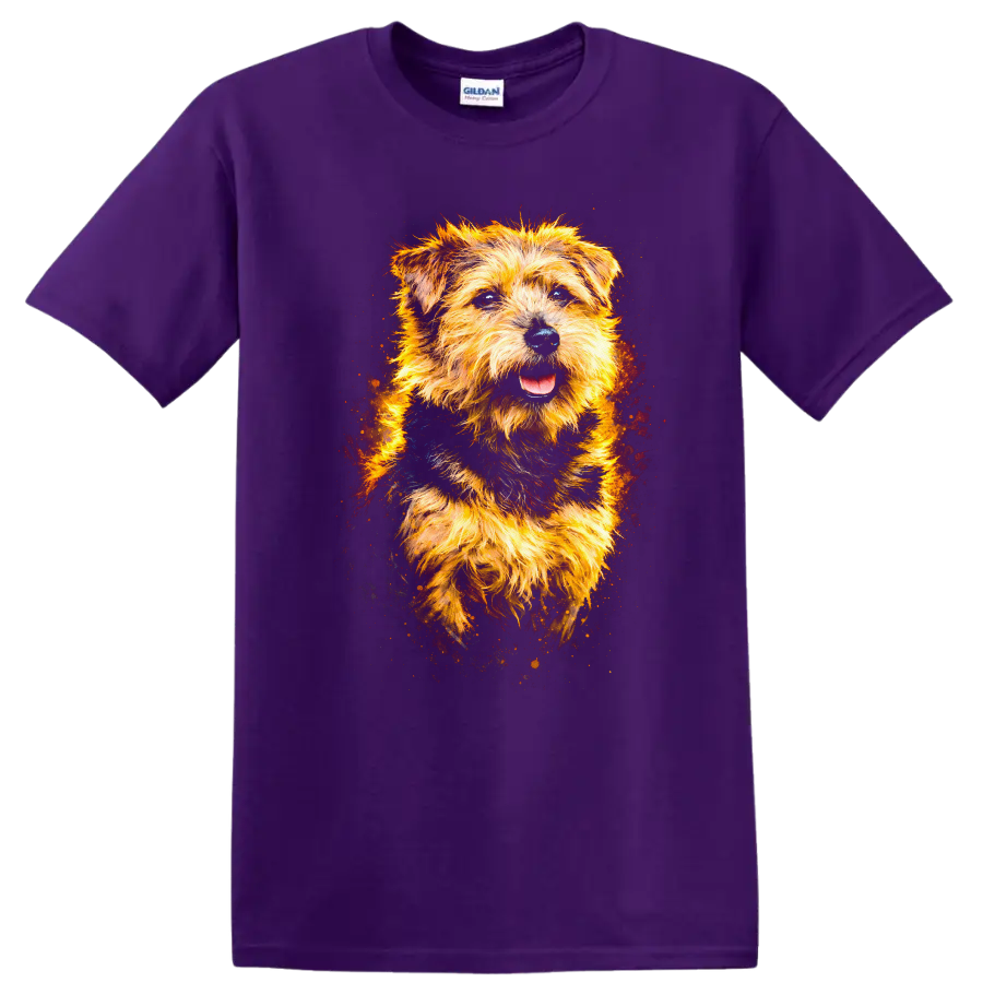 Glowing Terrier Dog Portrait T Shirt Vibrant Fire Art for Dog Lovers on a Purple T Shirt