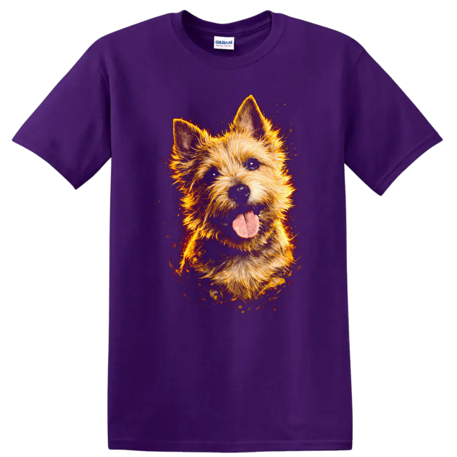 Flaming Yorkshire Terrier Dog Portrait T Shirt for Pet Lovers on a Purple T Shirt