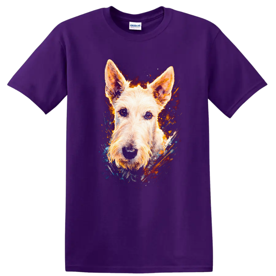 Colorful Terrier Dog Portrait Art T Shirt for Dog Lovers on a Purple T Shirt