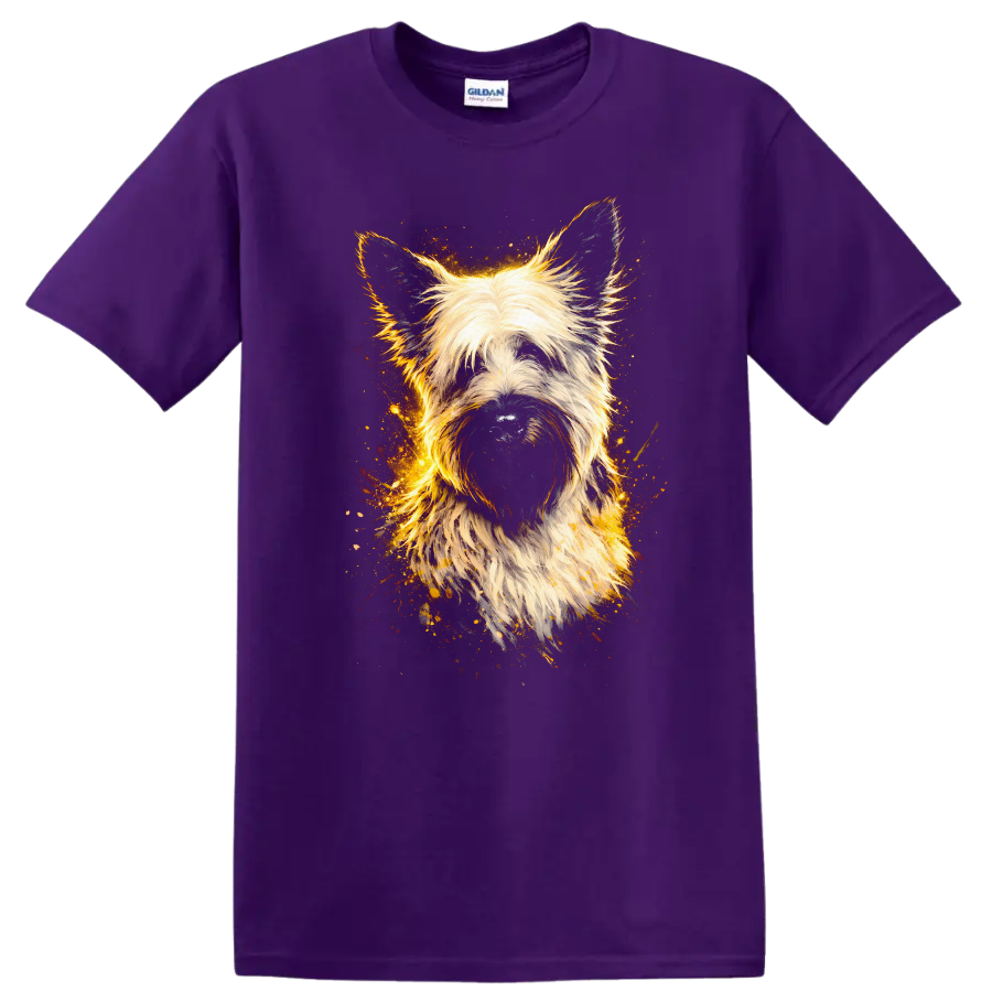 Fluffy Terrier Dog Portrait Artistic Fire Glow T Shirt on a Purple T Shirt
