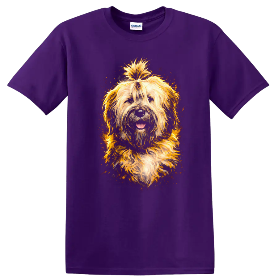Fluffy Golden Shaggy Dog Portrait T Shirt for Dog Lovers on a Purple T Shirt