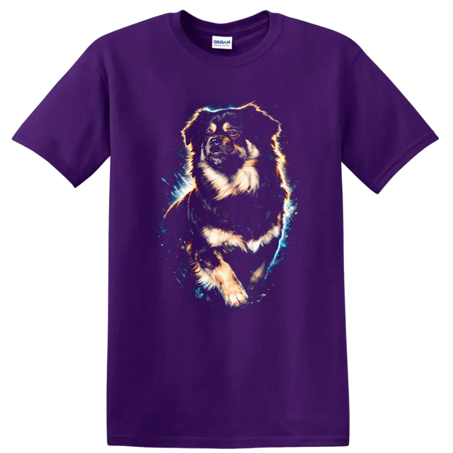 Fluffy Dog Art T Shirt, Vibrant Splash Portrait for Dog Lovers on a Purple T Shirt