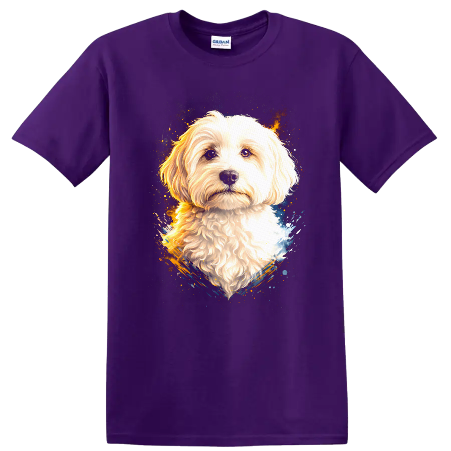 Fluffy White Dog Portrait Watercolor Splash T Shirt for Dog Lovers on a Purple T Shirt