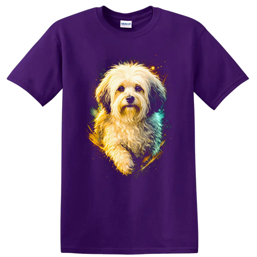 Fluffy Dog Portrait Art T Shirt for Dog Lovers Colorful Pet Graphic on a Purple T Shirt