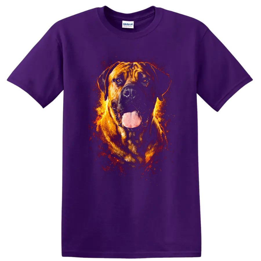 Fiery Mastiff Dog Portrait T Shirt for Dog Lovers on a Purple T Shirt
