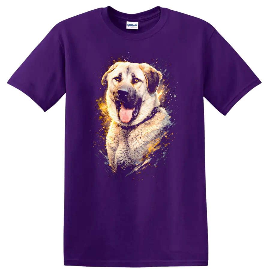 Loyal Dog Portrait Splash Art T Shirt for Breed Lovers on a Purple T Shirt