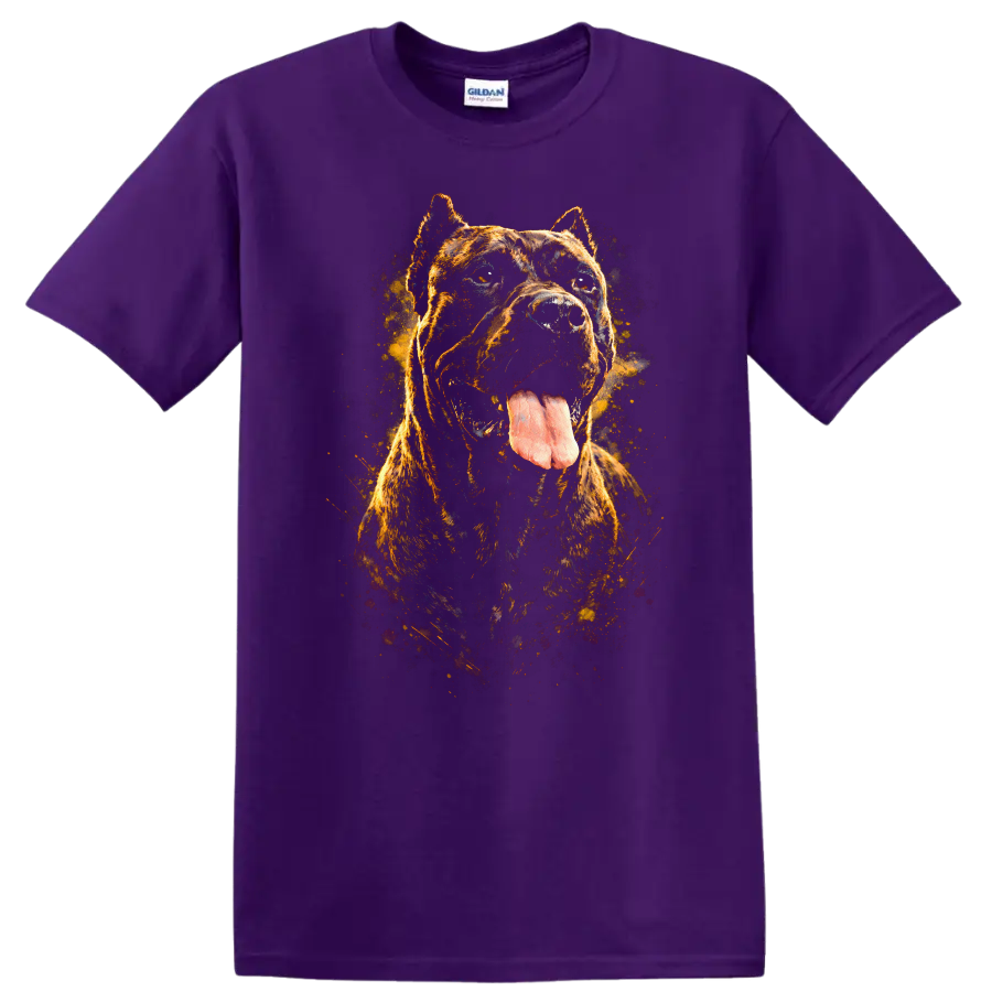 Cane Corso Dog Portrait T Shirt Fierce Brindle Splash Art on a Purple T Shirt