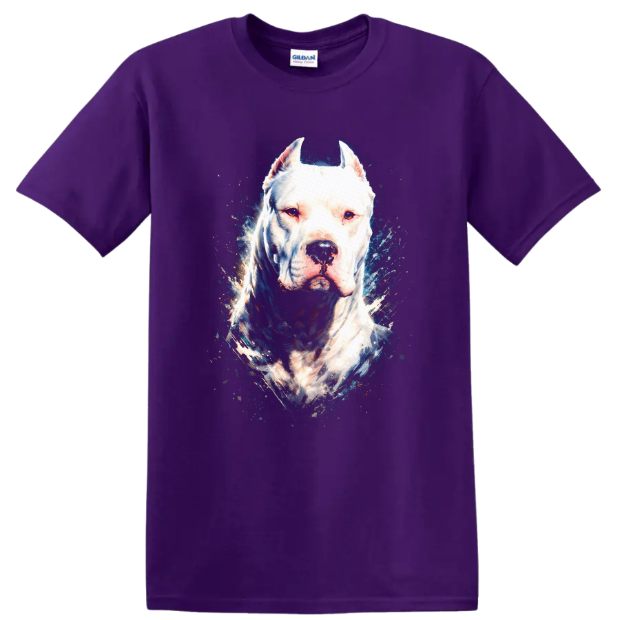Blue Eyed White Pitbull Dog Portrait T Shirt for Dog Lovers on a Purple T Shirt