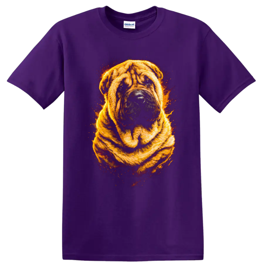 Flaming Bulldog Portrait T Shirt Fierce Dog Breed Art Graphic on a Purple T Shirt