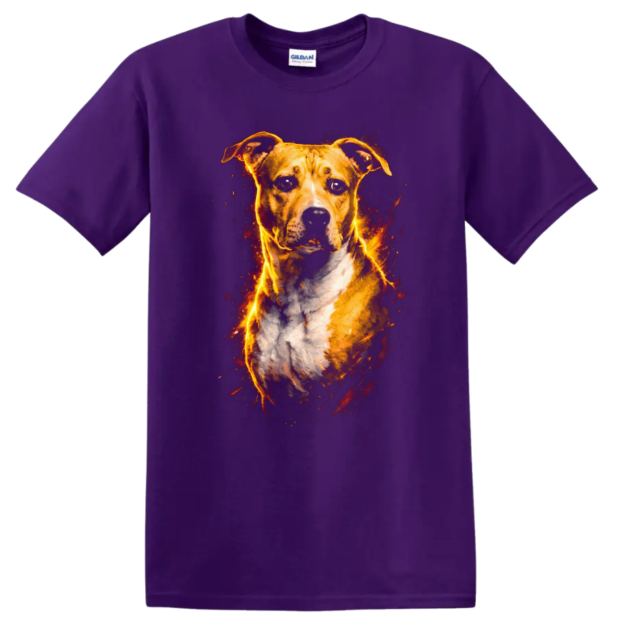 Fiery Pit Bull Dog Portrait Graphic T Shirt for Dog Lovers on a Purple T Shirt
