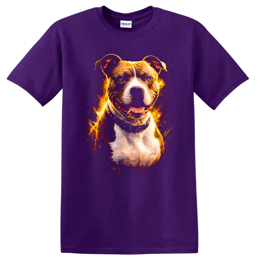 Pit Bull Dog Portrait Fire Glow T Shirt for Dog Lovers and Breed Fans on a Purple T Shirt