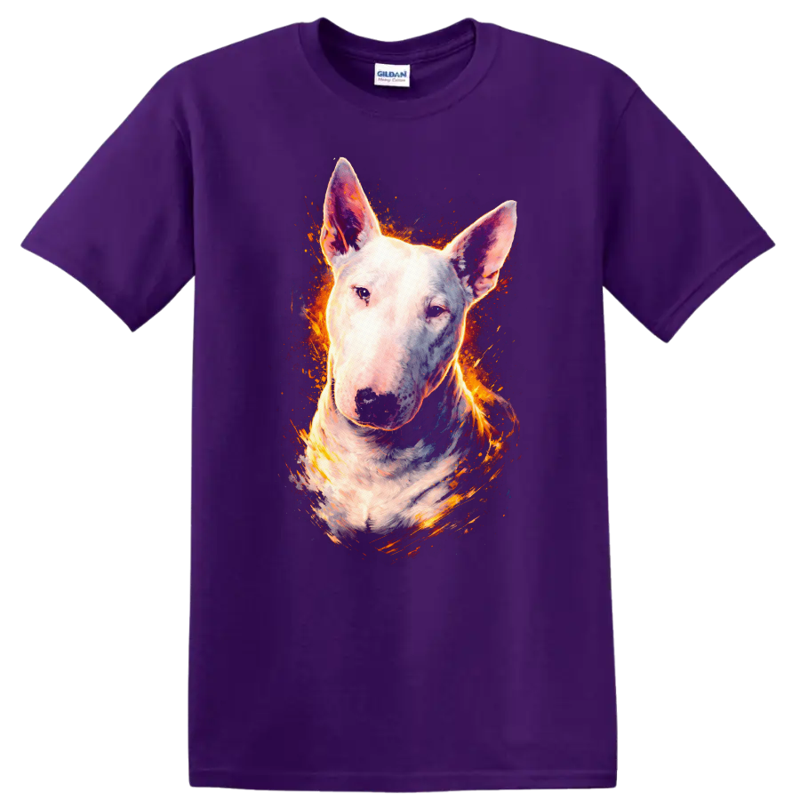 Bull Terrier Dog Portrait Splash Art T Shirt for Dog Lovers on a Purple T Shirt