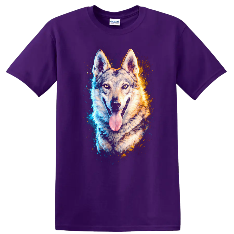 Blue and Orange Wolf Portrait Graphic T Shirt for Dog Lovers on a Purple T Shirt