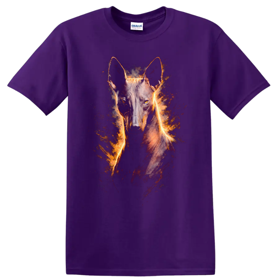 Belgian Malinois Dog Fire Glow Portrait T Shirt for Breed Lovers on a Purple T Shirt