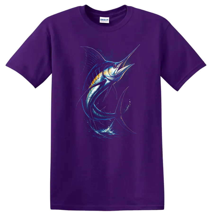 Blue Marlin Fish Splash Art T Shirt, Ocean Angler Graphic - Purple