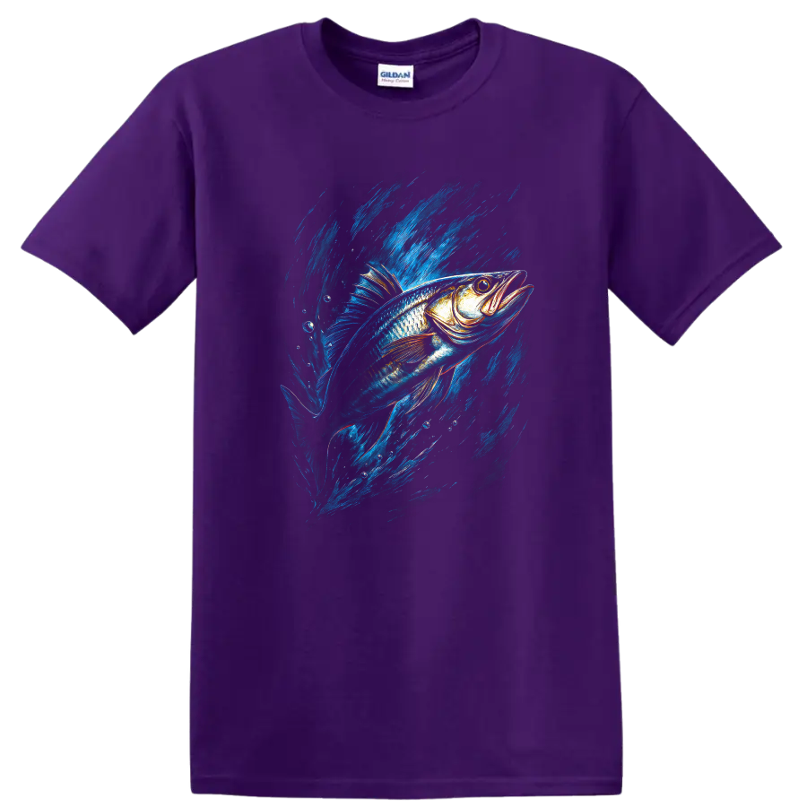 Blue Fish Splash Graphic T Shirt For Anglers and Nature Lovers - Purple