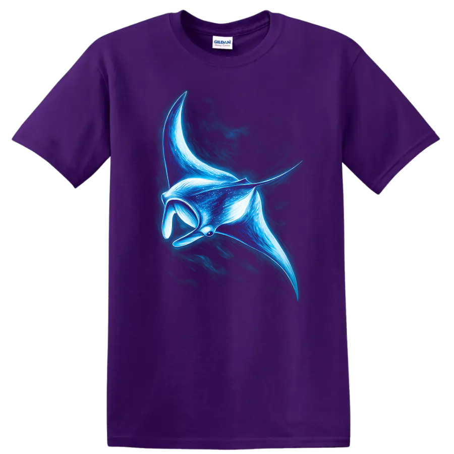 Glowing Blue Manta Ray Fish Art T Shirt for Ocean Lovers - Purple