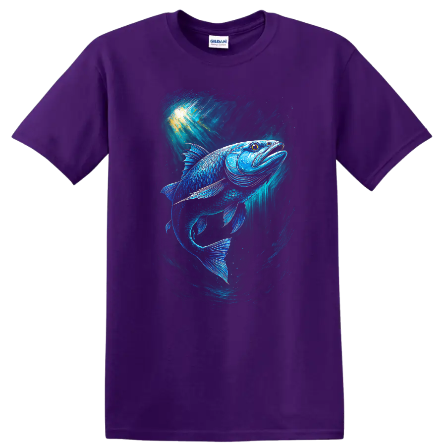 Glowing Blue Fish Underwater Art T Shirt Vibrant Ocean Angler Design - Purple