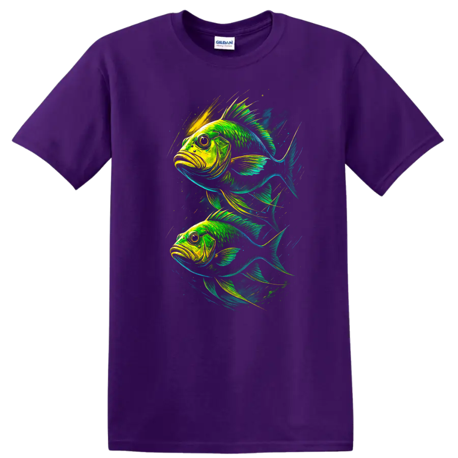 Neon Fish Art Graphic T Shirt Vibrant Tropical Aquatic Design - Purple