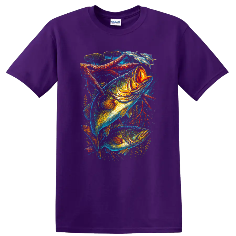 Colorful Bass Fish Art T Shirt for Anglers and Fishing Lovers - Purple