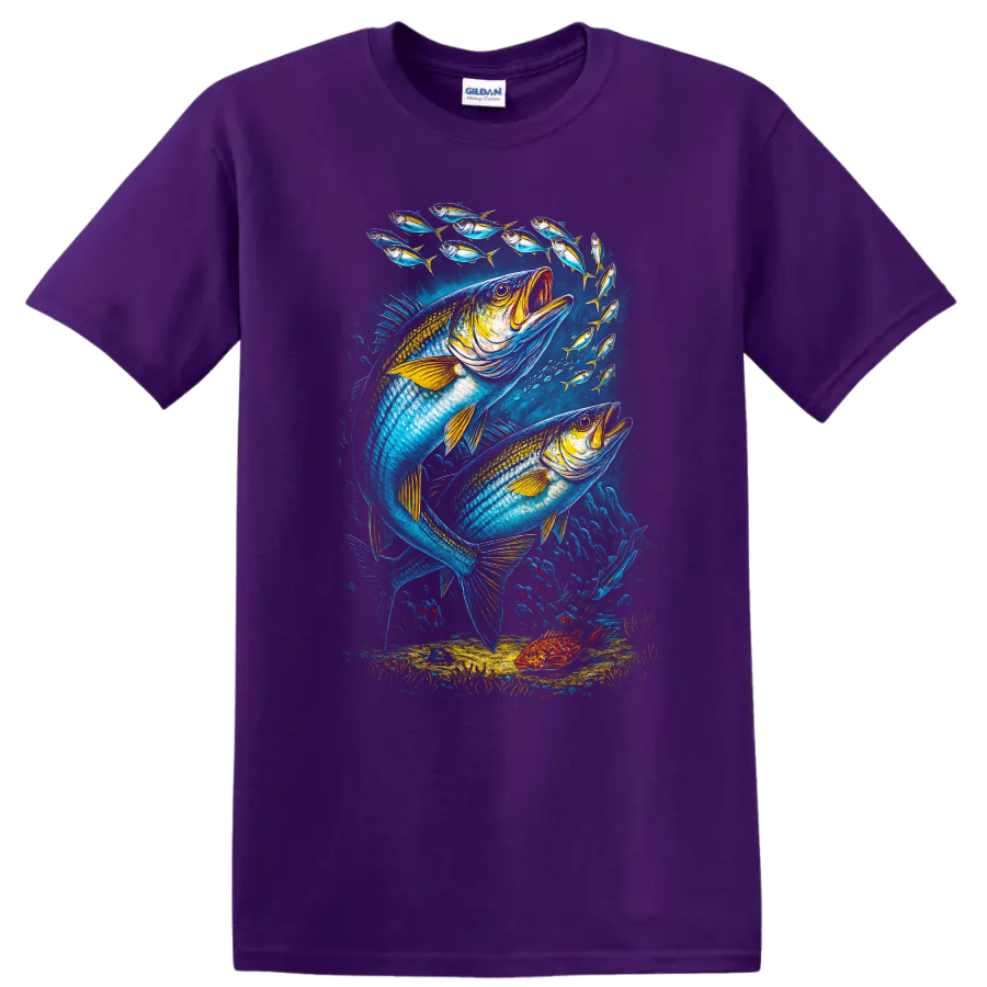 Colorful Fish School Underwater Ocean Art T Shirt for Anglers - Purple