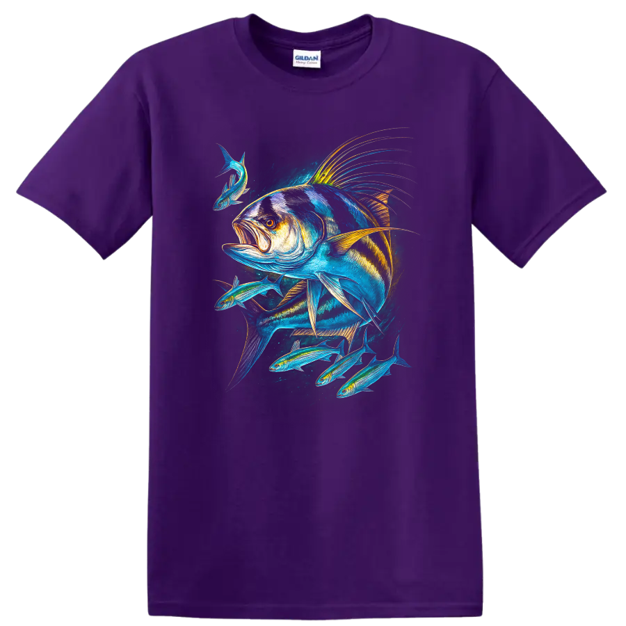 Colorful Fish School Art T Shirt Bold Ocean Angler Design - Purple